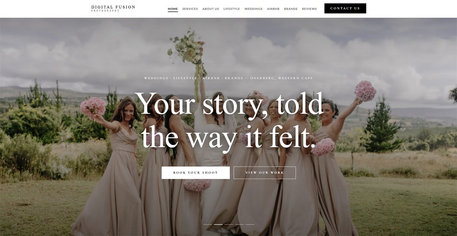 Digital Fusion Photography website home page — a full-screen wedding photograph behind a large serif headline with booking and portfolio buttons