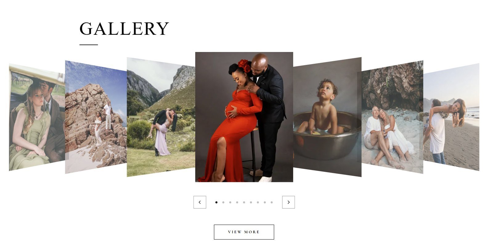 Digital Fusion Photography website — a 3D gallery carousel of portrait and wedding photographs with arrow controls and pagination dots