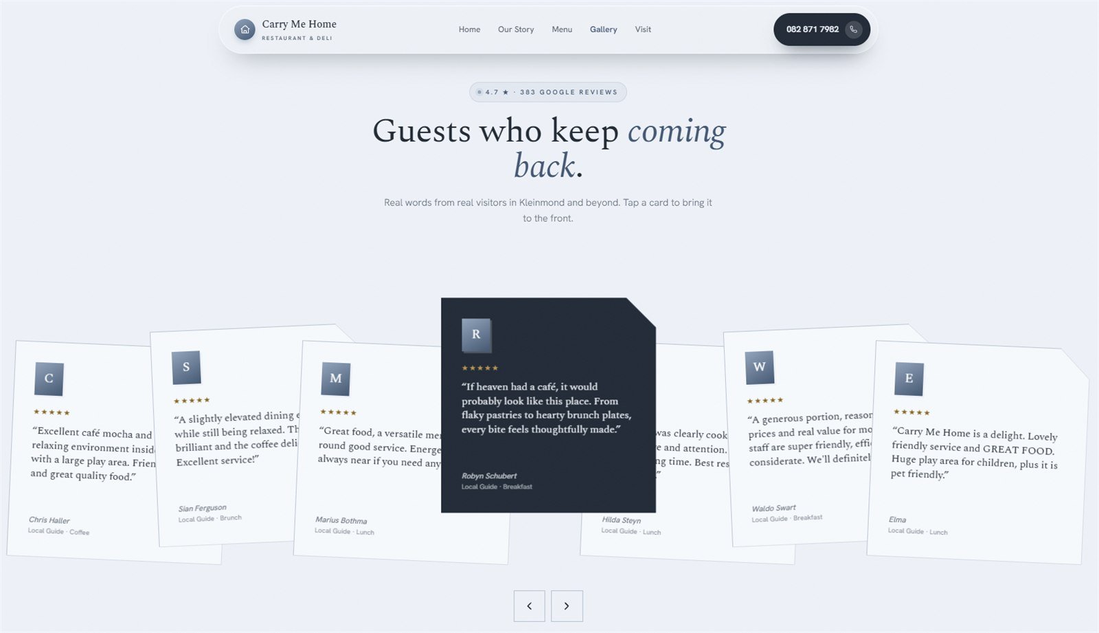 Carry Me Home restaurant website — a fanned deck of Google review cards with one dark card pulled to the front, above arrow controls