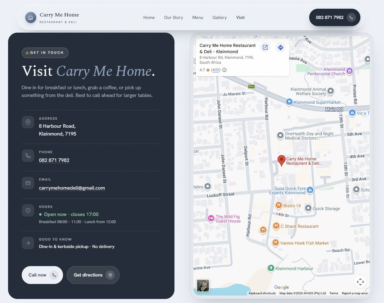 Carry Me Home restaurant website — a dark contact panel listing address, phone, hours and directions beside an embedded Google map of Kleinmond